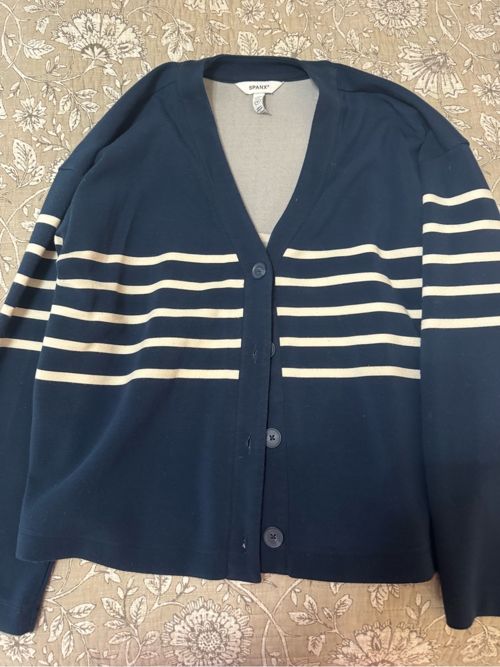 SPANX Navy and Cream Striped V-Neck Cardigan
